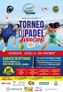 Brindisi, Torneo di Padel Avvocati, sabato 28 ottobre 2023 l’evento a cura di ‘Uniti per lo Sport’