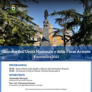 Francavilla Fontana, sabato 4 novembre 2023 cerimonia istituzionale per la Giornata dell’Unità Nazionale e delle Forze Armate