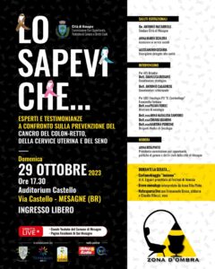 Mesagne, domenica 29 ottobre 2023 l’evento ‘Lo sapevi che… – esperti e testimonianze a confronto sulla prevenzione del cancro’ nell’Auditorium del Castello