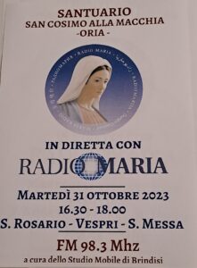Oria, martedì 31 ottobre 2023 la diretta con Radio Maria dal Santuario di San Cosimo alla Macchia