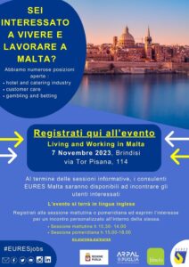 EURES Puglia, EURES Malta e ARPAL Puglia, Centro per l’Impiego di Brindisi insieme per opportunità di lavoro in ambito europeo