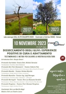 Ostuni, venerdì 10 novembre 2023 convegno con mostra fotografica dal titolo ‘Disseccamento degli ulivi’ presso il Gal Alto Salento 2020