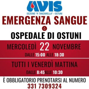 Ostuni, mercoledì 22 novembre 2023 appuntamento con la donazione di sangue a cura dell’Avis
