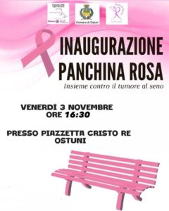 Ostuni, venerdì 3 novembre 2023 inaugurazione della ‘Panchina rosa’ simbolo della prevenzione del tumore al seno presso i giardini del Cristo Re