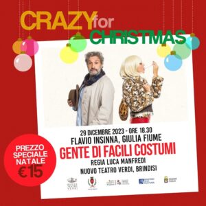 Brindisi, venerdì 29 dicembre lo spettacolo ‘Gente di facili costumi’ con Flavio Insinna e Giulia Fiume al Nuovo Teatro Verdi