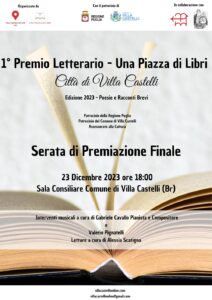 Villa Castelli, sabato 23 dicembre la serata di premiazione finale del 1° Premio Letterario ‘Una Piazza di Libri – Città di Villa Castelli’
