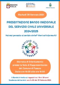 Bando servizio civile, martedì 30 gennaio a Fasano la presentazione delle nuove opportunità per i giovani
