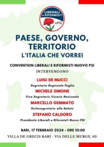 Bari, il 17 febbraio la convention di Liberali e Riformisti Nuovo PSI