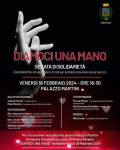 Oria, venerdì 16 febbraio serata di solidarietà ‘Diamoci una Mano’