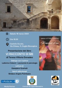 Ceglie M.ca, 16 marzo libro ‘Vi racconto di me’ di Teresa Donadeo