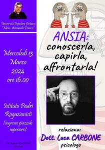 Oria, il 13 marzo incontro ‘Ansia: conoscerla, capirla, affrontarla!’