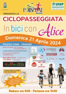 Fasano, domenica 21 aprile la ciclopasseggiata ‘In Bici con Alice’